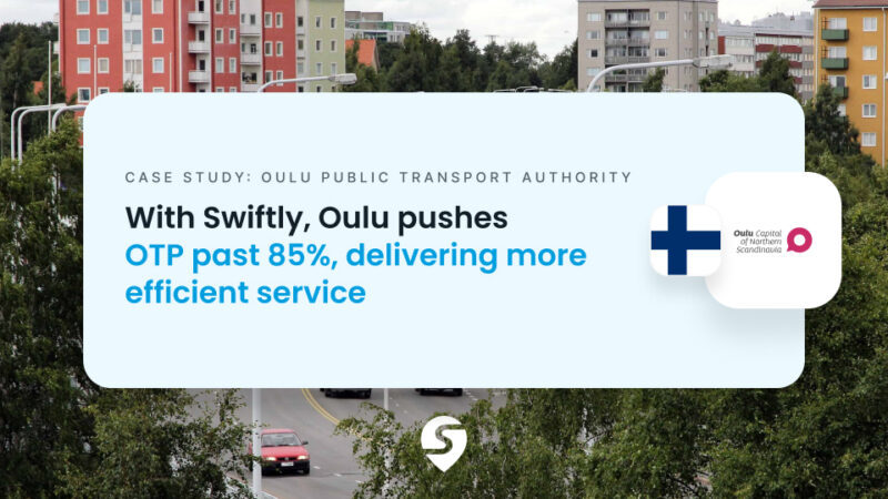 Swiftly case study card reading "With Swiftly, Oulu pushes OTP past 85%" with a Finnish flag, over a photo of a tree-lined road in Oulu, Finland