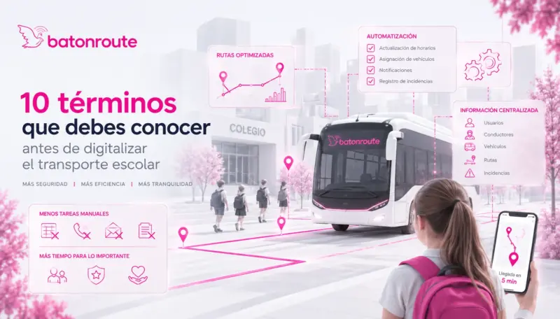 BatOnRoute graphic showing a school bus, students and a phone app tracking the route, with icons for route optimisation and automation